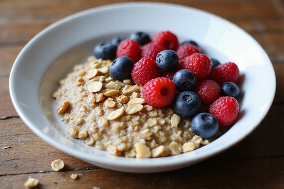 Primer plano de un tazón de desayuno saludable con avena, bayas frescas y nueces.