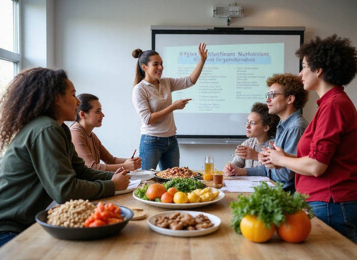 Grupo de personas participando activamente en un taller de nutrición, con un experto presentando en una pantalla y alimentos saludables en la mesa.