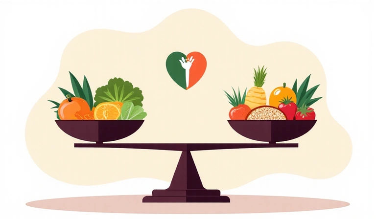 Ilustración de una balanza y alimentos saludables, simbolizando el equilibrio nutricional y servicios de NutriVida Saludable.